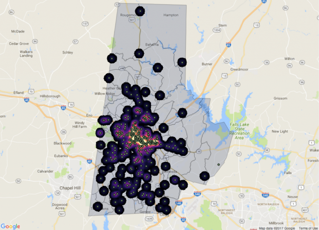 A map of Durham county with dots showing the locations of bicycle crashes