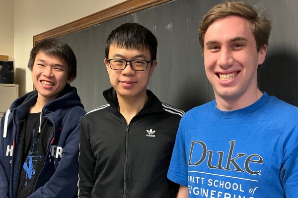 Duke places 3 out of 471 in North America’s most prestigious math competition. The top-scoring 2023 Putnam team consisted of (from L to R): Erick Jiang ’26, Kai Wang ’27, and Fletch Rydell ’26.